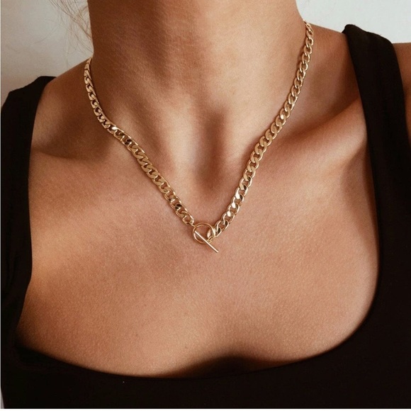 GOLD 18k Gold Plated Toggle Cuban Chain Necklace - Picture 1 of 4